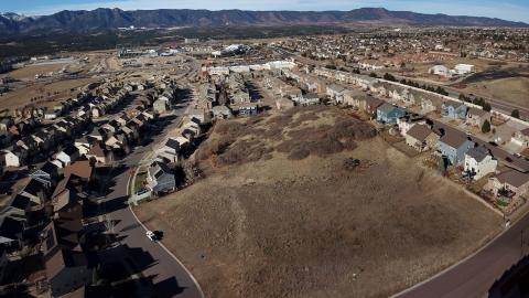 An aerial photograph taken by drone of the land that will be the Gray Hawk Neighborhood Park.