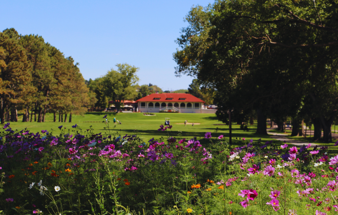 Picture of Patty Jewett clubhouse through the view of a flowerbed of pink flowers, and trees 