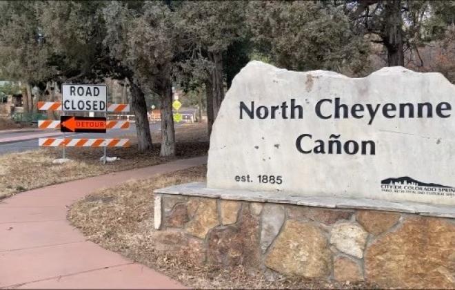 North Cheyenne Canon Park sign and road closed sign.