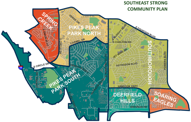 Map of plan area split into six sections